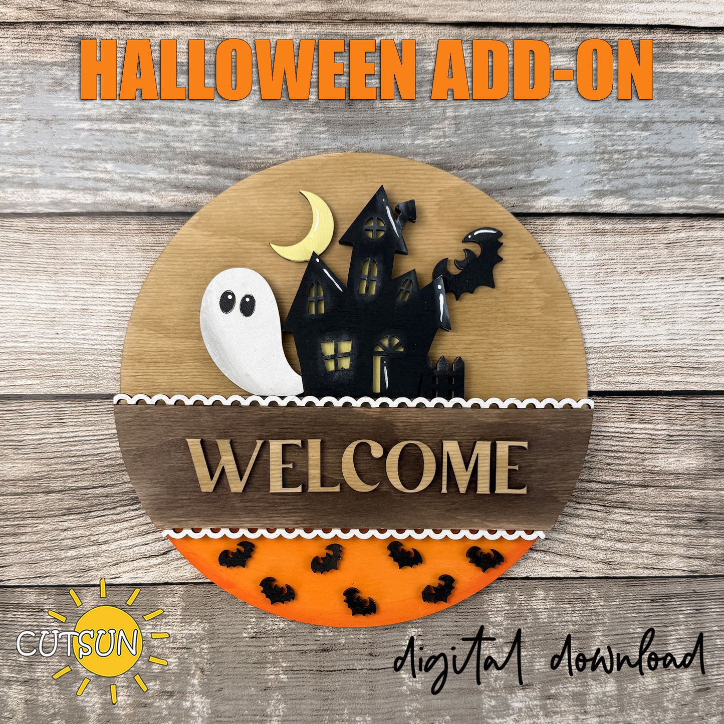 Haunted House SVG Insert for Interchangeable Round Sign – Ghost Halloween Door Hanger Laser Cut File