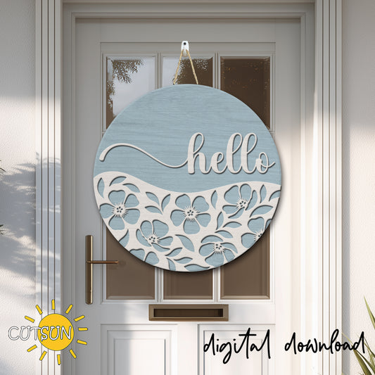 Hello Floral Door Hanger SVG | Round Welcome Sign Laser Cut File