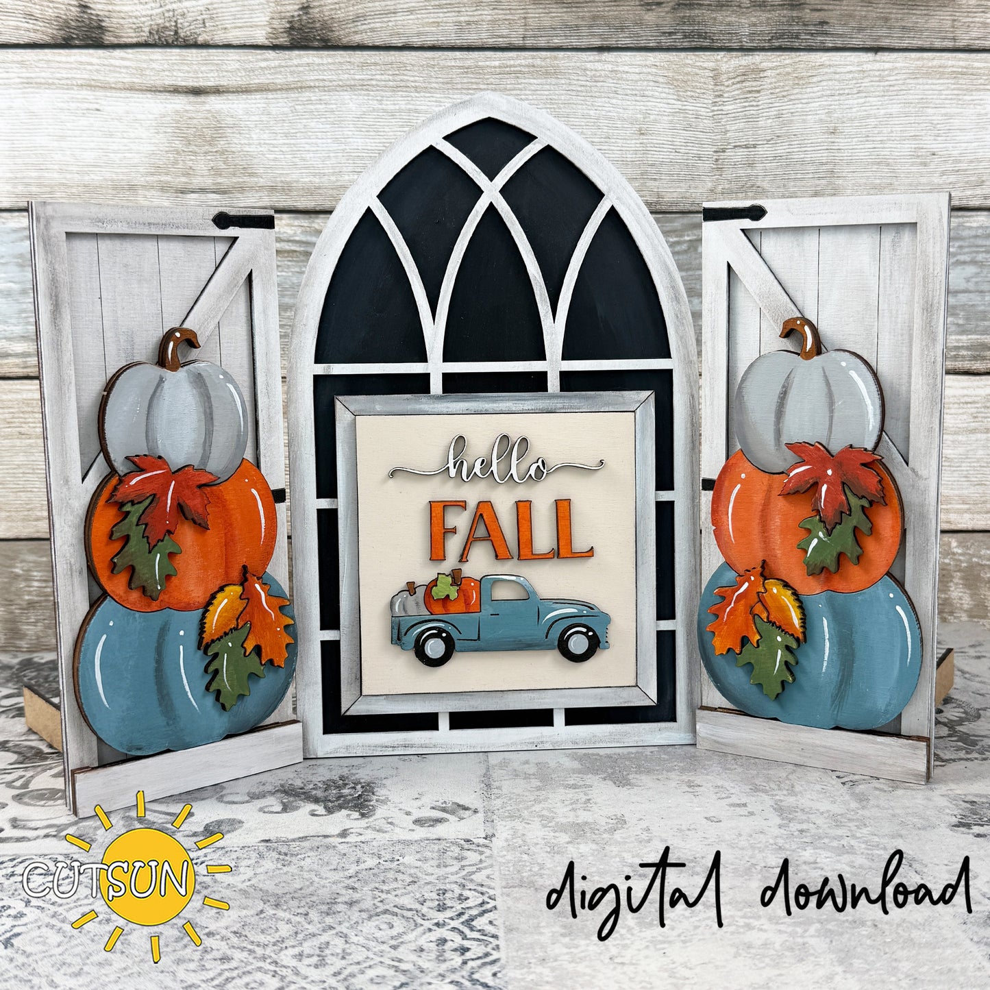 Hello Fall Farmhouse Window Add-On SVG – Pumpkin Truck Autumn Interchangeable Decor File