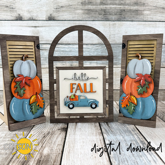 Hello Fall farmhouse window add-on SVG with stacked pumpkins, autumn leaves, and vintage blue truck for interchangeable laser cut farmhouse decor.