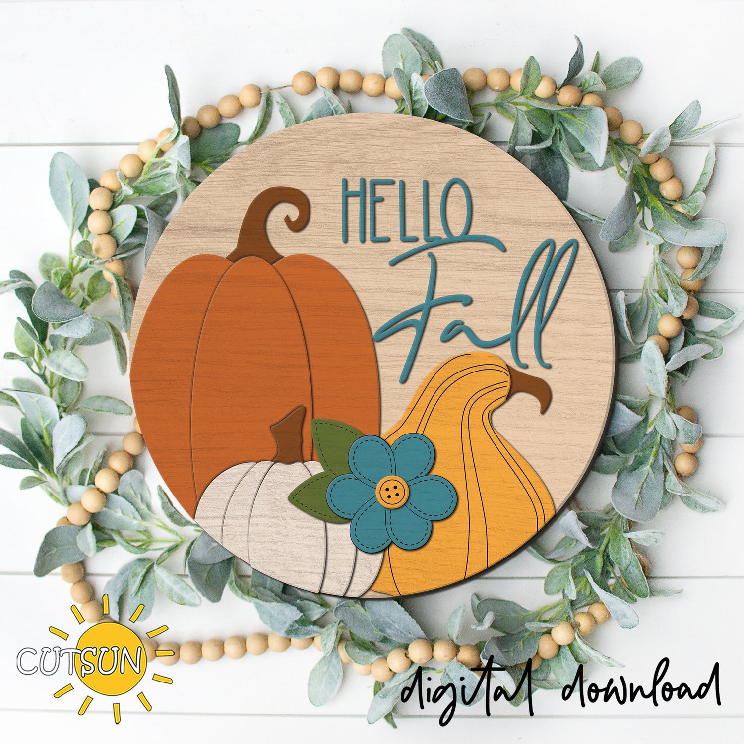 Layered Hello Fall round sign SVG featuring colorful pumpkins, a decorative gourd, autumn leaves, a flower, and bold Hello Fall lettering, designed as a farmhouse front door hanger for fall and Thanksgiving decor.