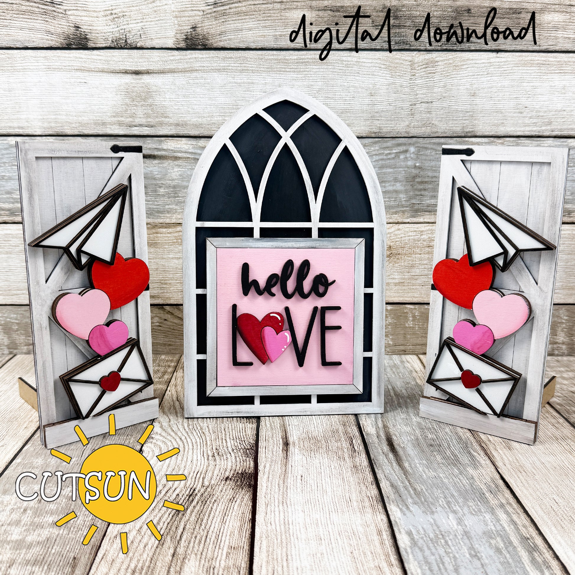 Hello Love Valentine add-on SVG for interchangeable farmhouse arch window laser cut file