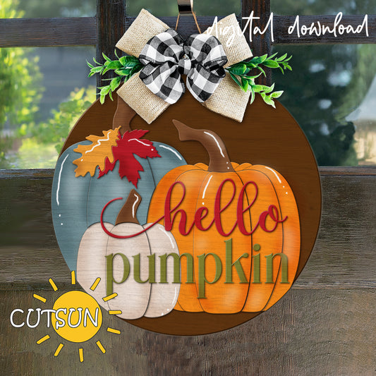 Hello Pumpkin fall door hanger SVG with three pumpkins and autumn leaves – layered laser cut file for seasonal welcome signs.
