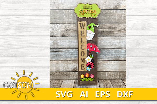 Hello Spring porch sign add-on Spring Gnome SVG with a free Interchangeable Porch leaner SVG included Glowforge SVG Laser cut file