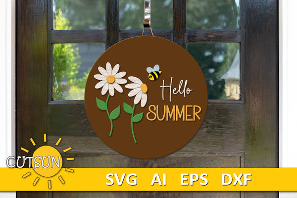 Hello summer door hanger svg Daisies and bee SVG Summer welcome sign Glowforge svg laser cut file