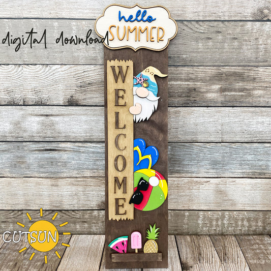 Hello Summer Gnome svg porch sign add-on with a free Interchangeable Porch leaner SVG Beach vertical porch sign Pool decor Laser cut file