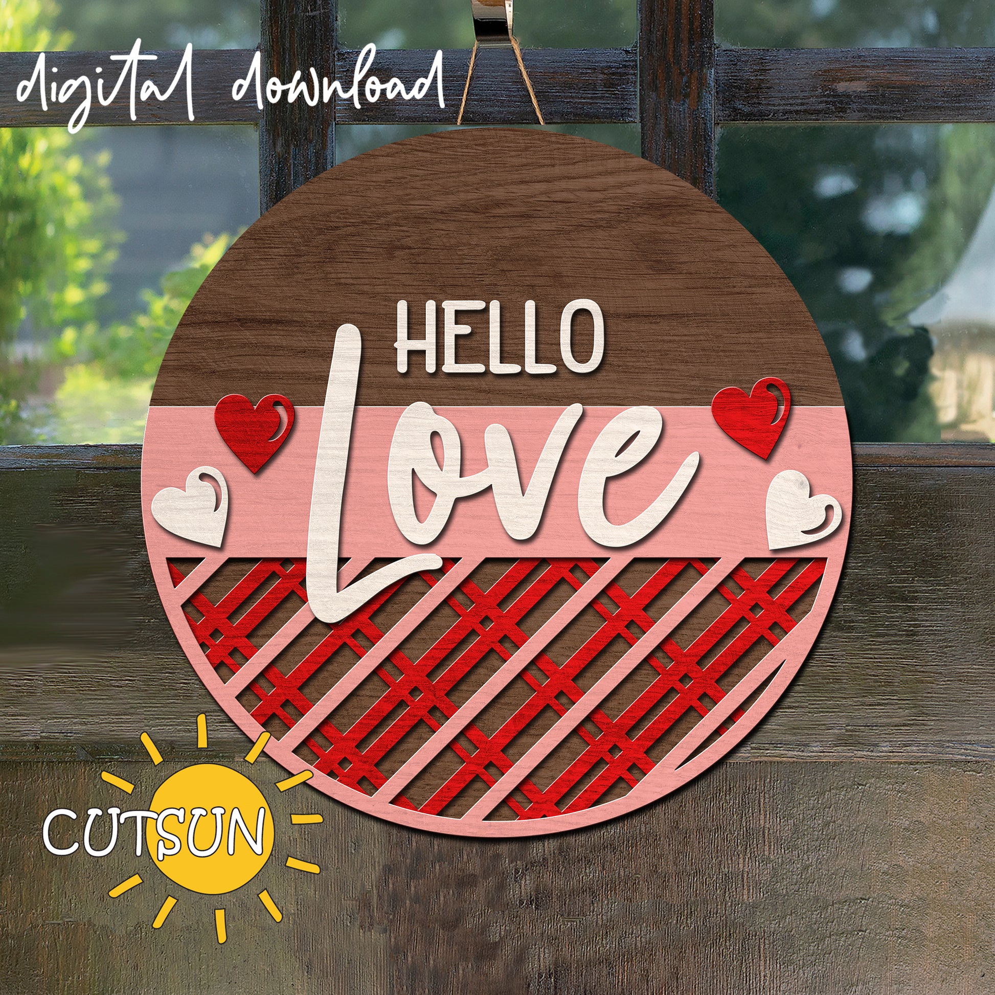 Decorative sign with 'Hello Love' text on a wooden background