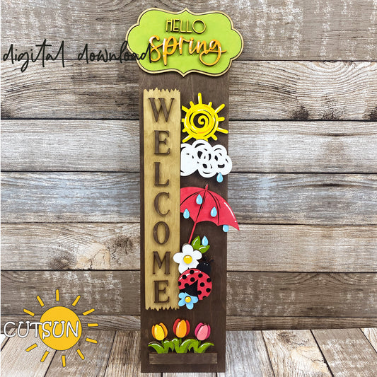 Hello Spring porch sign SVG with umbrella, sun, cloud, flowers, and ladybug – laser cut file with interchangeable vertical leaner base.