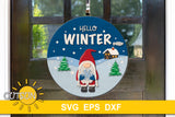 Hello winter with a gnome and winter scenery door hanger svg