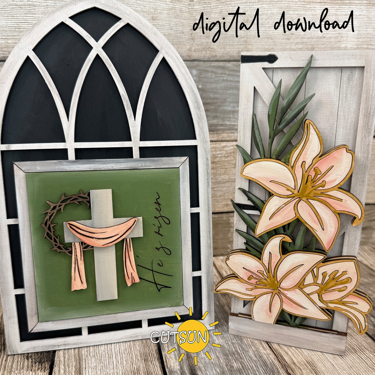 He Is Risen Interchangeable Farmhouse Window Add-On SVG – Easter Cross Layered Laser Cut File