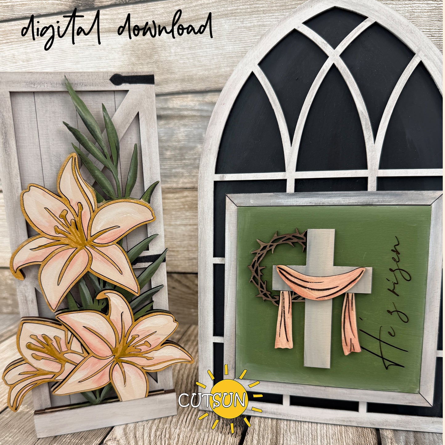 He Is Risen Interchangeable Farmhouse Window Add-On SVG – Easter Cross Layered Laser Cut File
