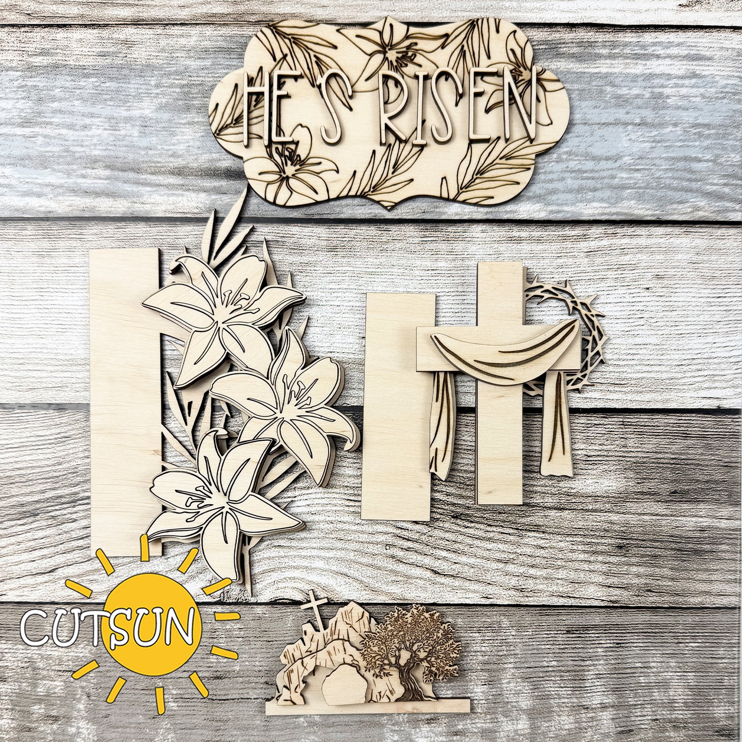 He’s Risen Easter Add-On for Interchangeable Vertical Porch Leaner | Christian Cross & Lilies Laser Cut File