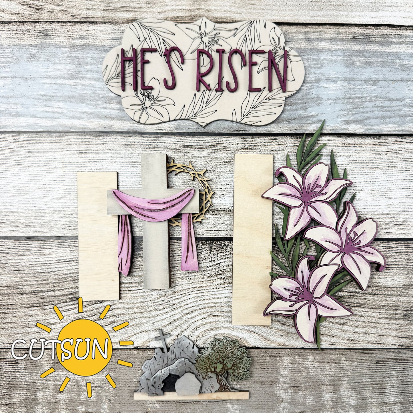 He’s Risen Easter Add-On for Interchangeable Vertical Porch Leaner | Christian Cross & Lilies Laser Cut File