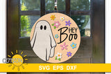 SVG digital download for a round door hanger with a cute ghost and colourful flowers