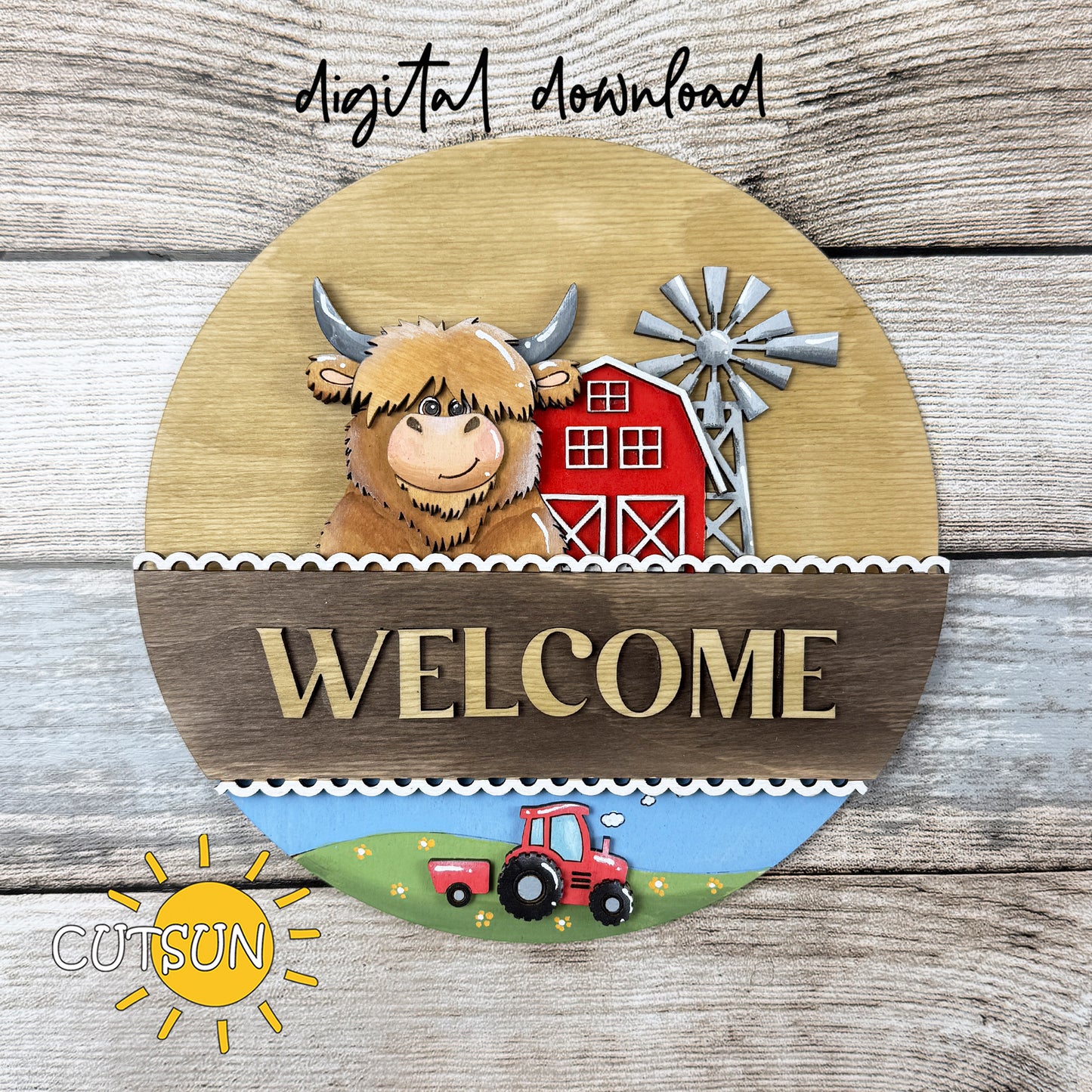 Highland Cow Farm Add-On SVG for Interchangeable Round Sign | Barn Windmill Door Hanger Insert Laser Cut File