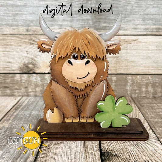 Highland cow shelf sitter SVG with interchangeable shamrock add-on, layered animal laser cut file for farmhouse shelf decor
