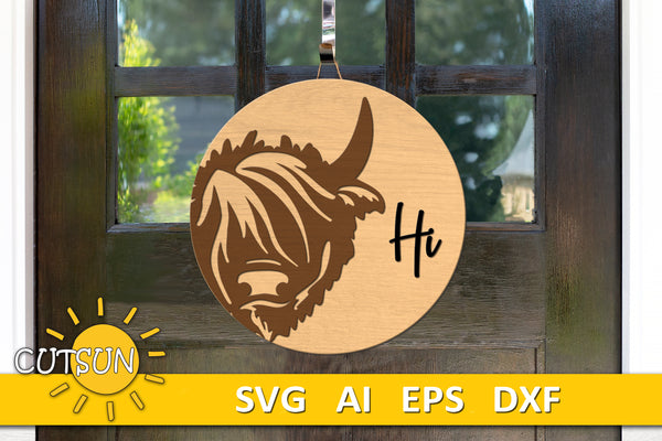 Highland cow door hanger SVG Farmhouse welcome sign SVG Welcome door hanger svg Glowforge SVG Laser cut file