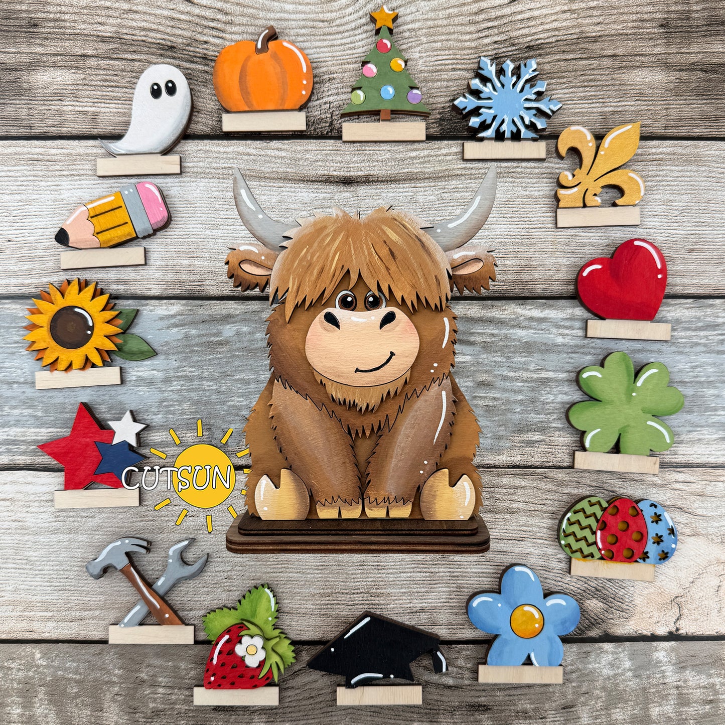 Highland Cow Shelf Sitter SVG – Interchangeable Animal Laser Cut File for Farmhouse Shelf Decor