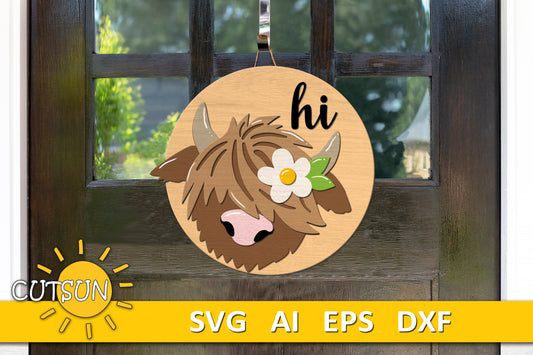 Highland cow door hanger SVG Highland cow with Daisy svg Farmhouse welcome sign SVG Welcome door hanger svg Glowforge SVG Laser cut file