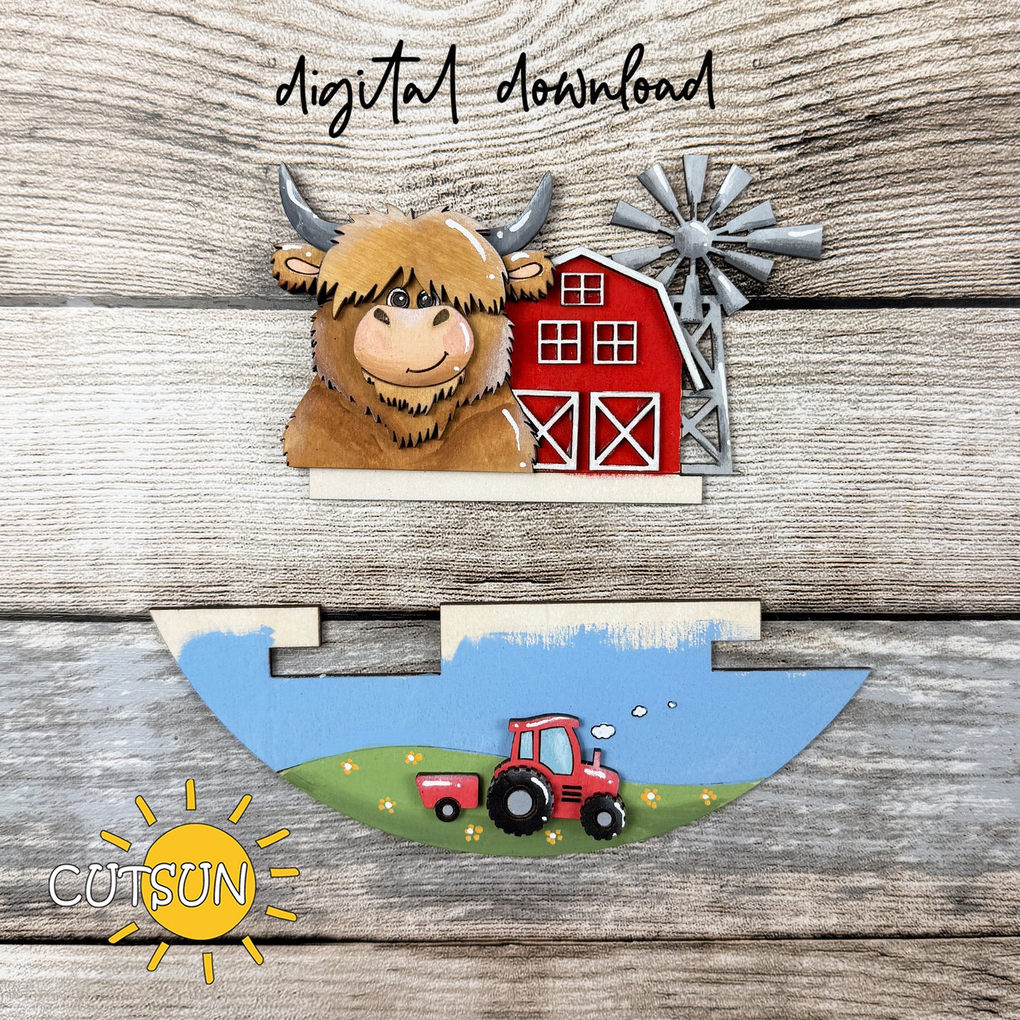 Highland Cow Farm Add-On SVG for Interchangeable Round Sign | Barn Windmill Door Hanger Insert Laser Cut File