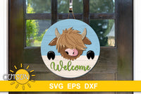 Cute highland cow over a fence Welcome sign SVG digital download
