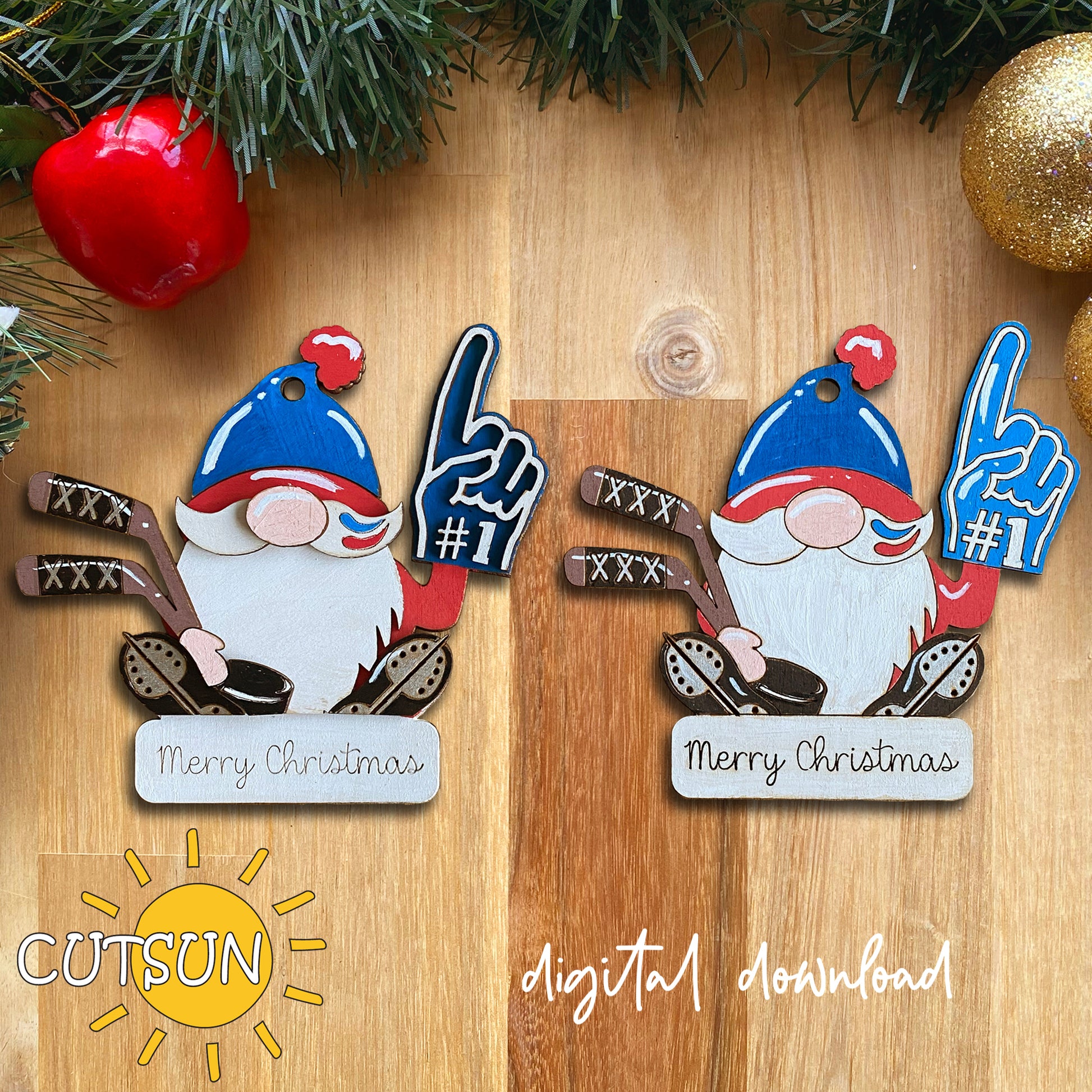 Two Christmas-themed gnomes with foam fingers and hockey sticks on a wooden surface, featuring the brand 'CUTSUN'.