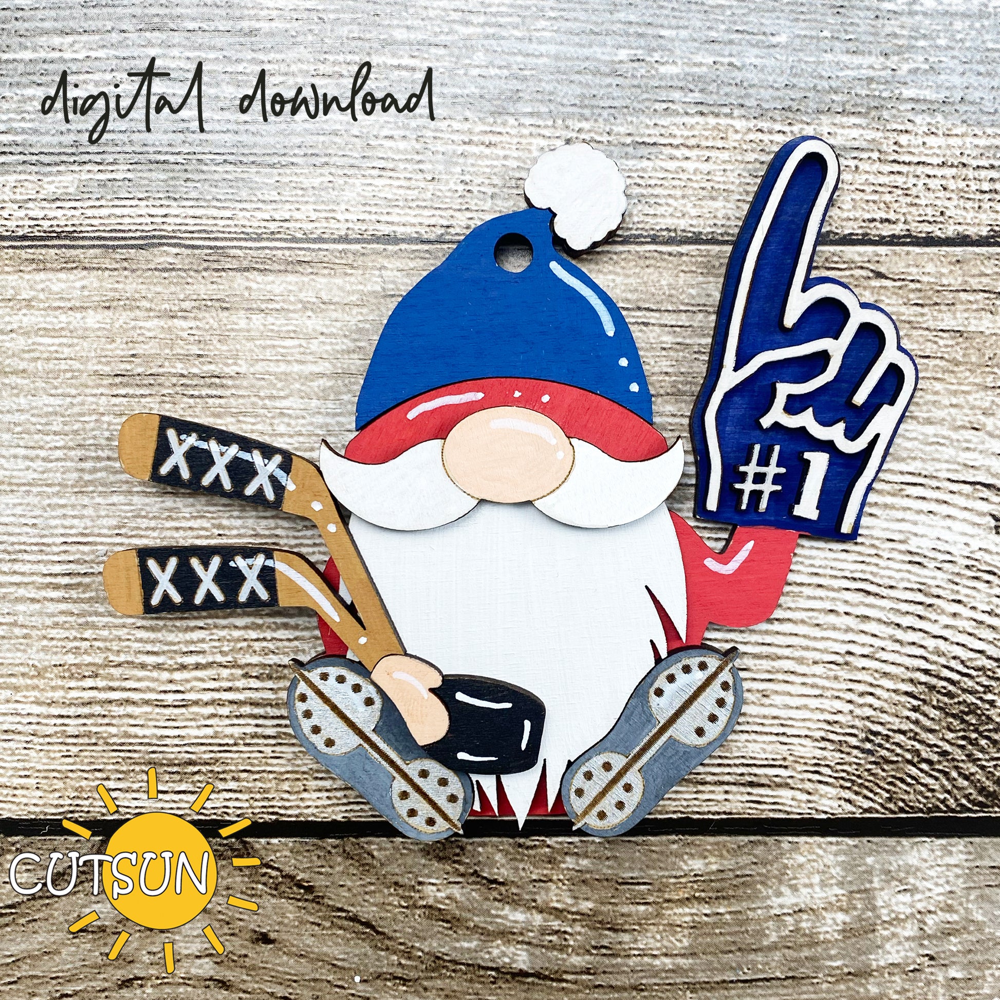 Gnome with hockey gear and foam finger on a wooden background, featuring Cutsun logo.
