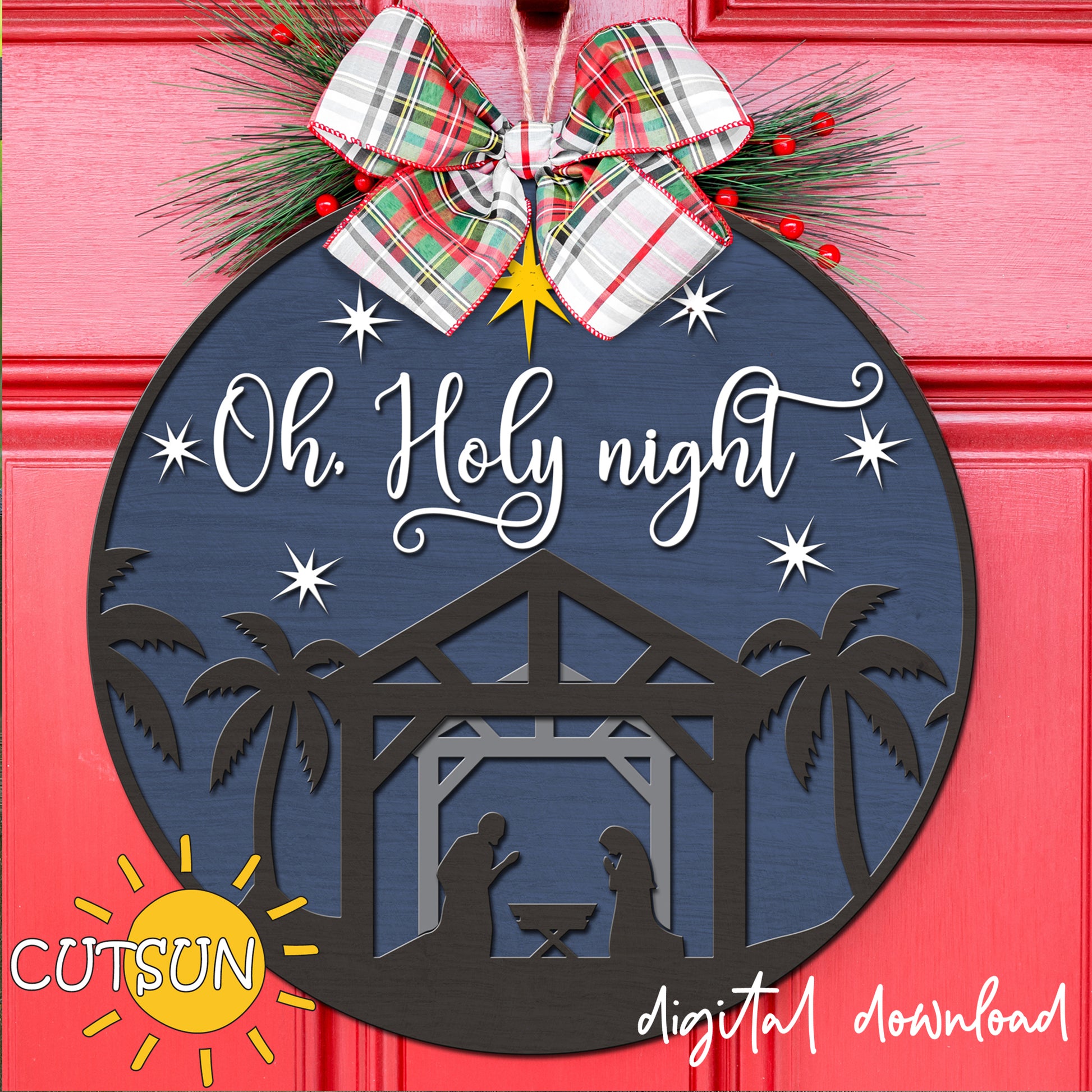 Decorative Christmas ornament with 'Oh Holy Night' text and nativity scene on a blue background, featuring a bow and festive elements.