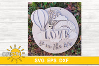 SVG digital download for a door hanger featuring two hot air balloons, a rainbow and the words "Love is in the air"