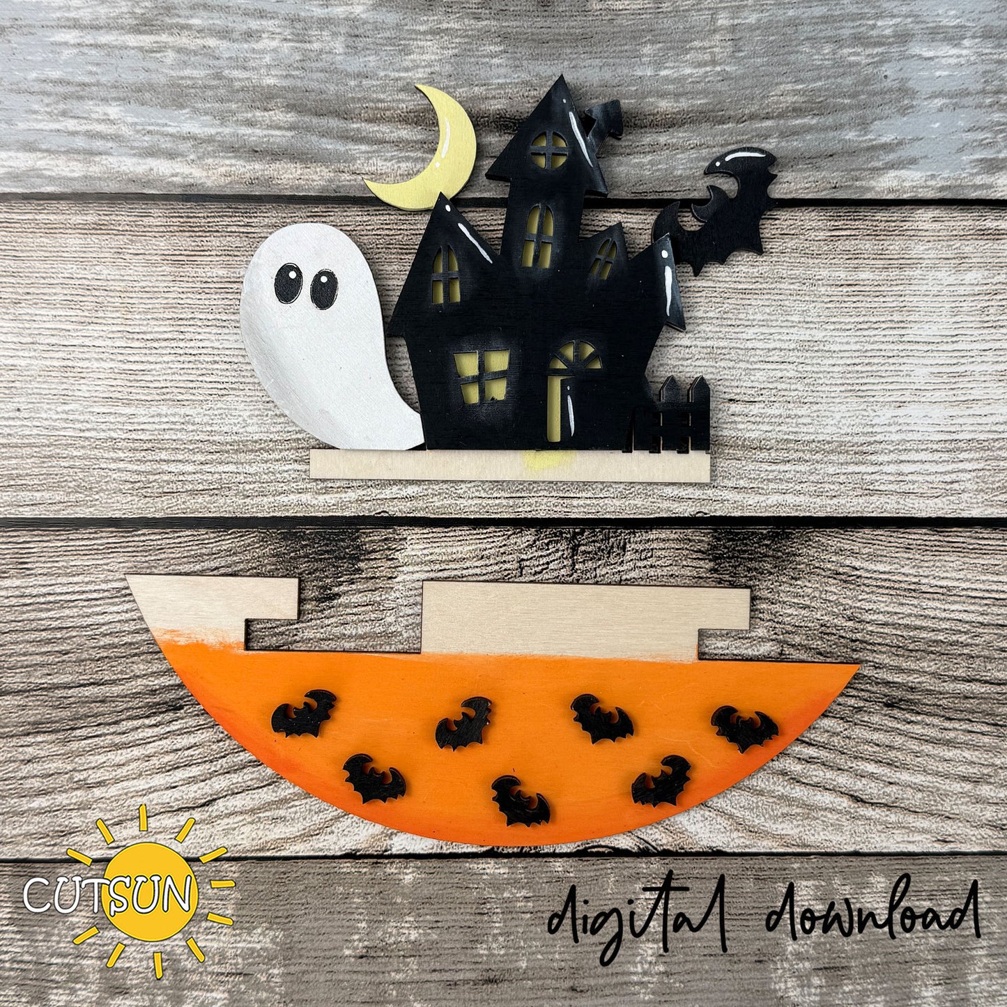 Haunted House SVG Insert for Interchangeable Round Sign – Ghost Halloween Door Hanger Laser Cut File