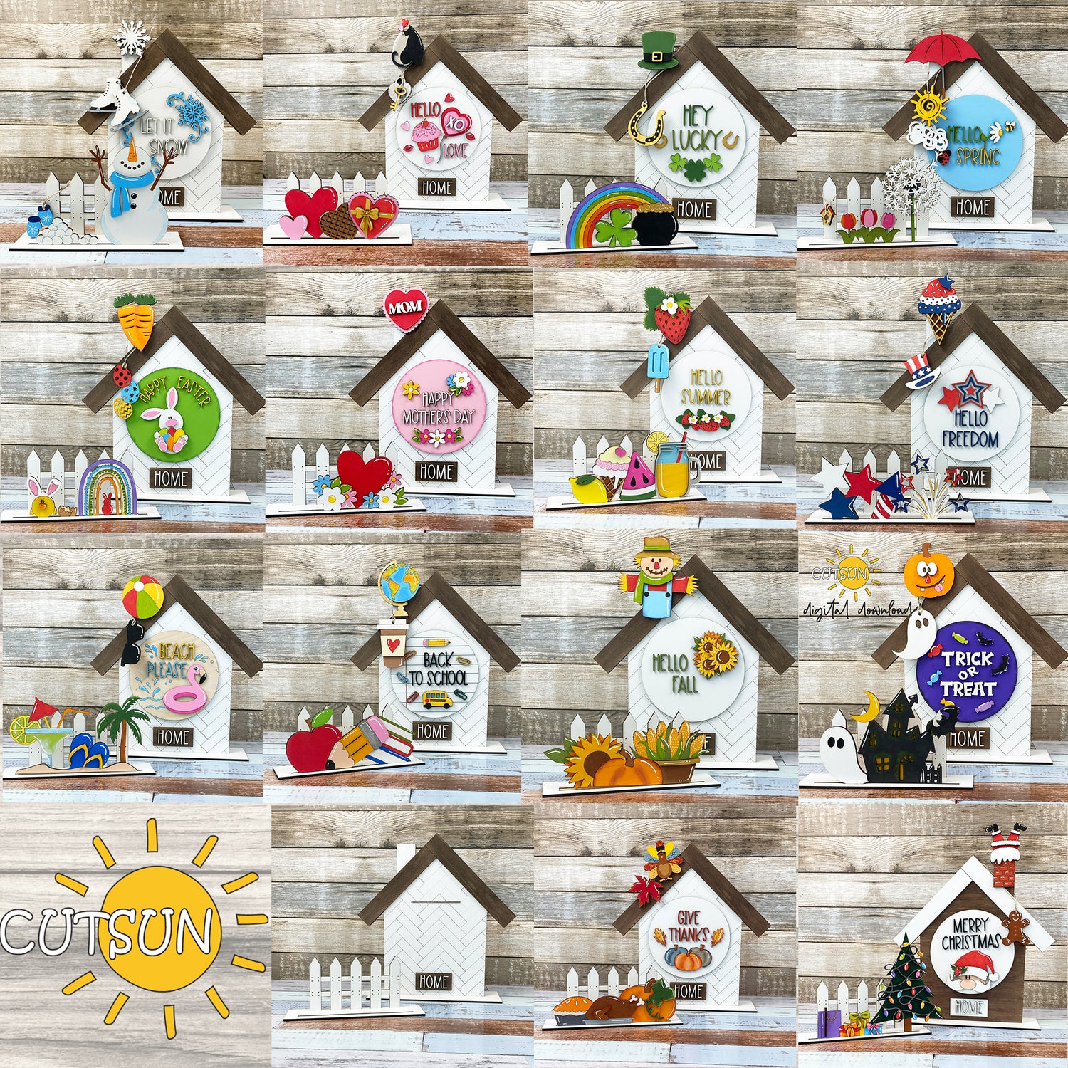 A collection of interchangeable house and fence decorations with various add-ons, each designed for laser cutting, displayed in a collage format on a wooden background.