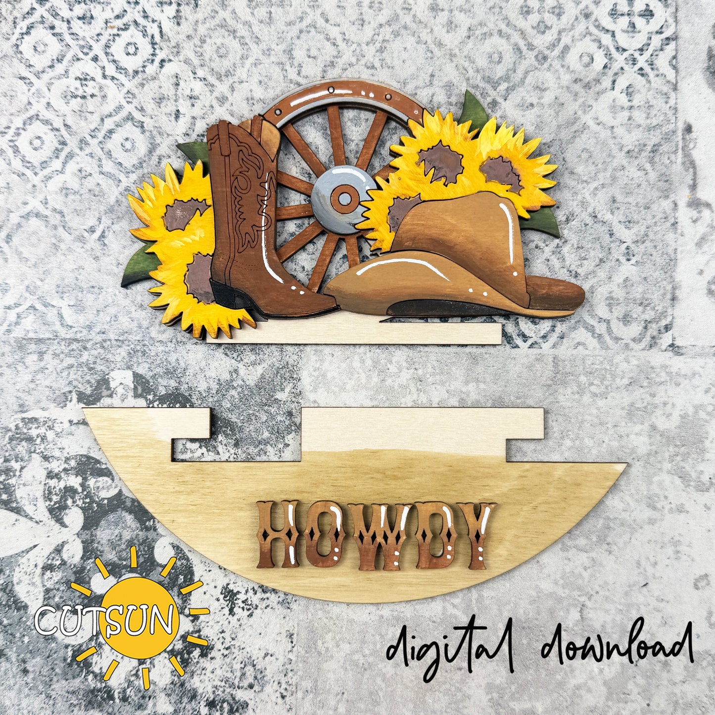 Western Howdy Round Sign Add-On SVG for Interchangeable Decor | Cowboy Boots Sunflower Laser Cut File