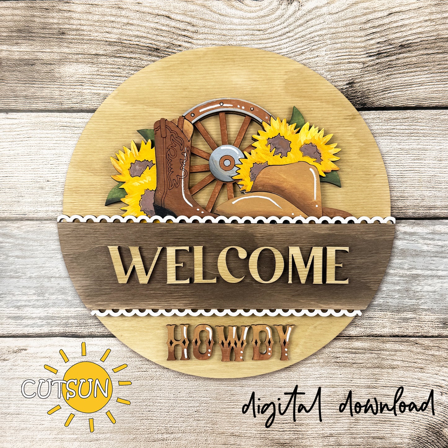 Western Howdy Round Sign Add-On SVG for Interchangeable Decor | Cowboy Boots Sunflower Laser Cut File