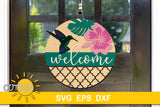 Elegant door hanger featuring a hummingbird, a monstera leaf, a hibiscus and a patterned bottom svg digital download