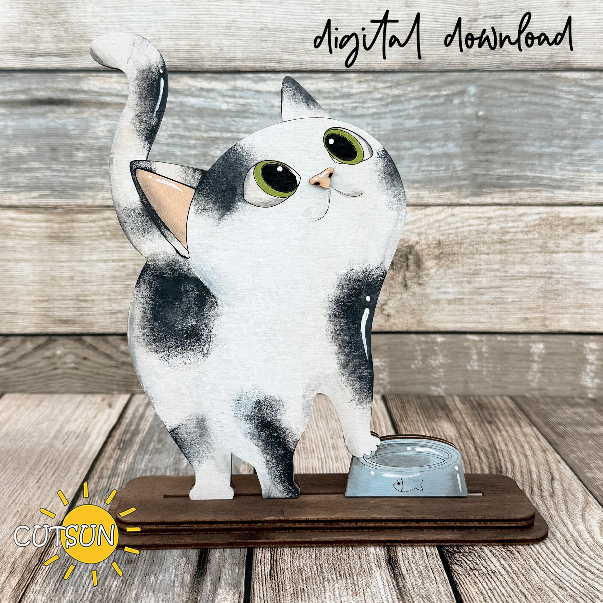 Layered wooden cat shelf sitter with big expressive eyes and a small food bowl, laser cut design for pet lover home decor