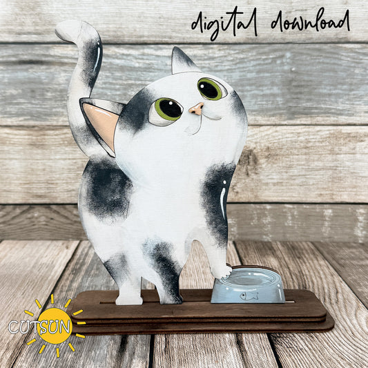 Layered wooden cat shelf sitter with big expressive eyes and a small food bowl, laser cut design for pet lover home decor