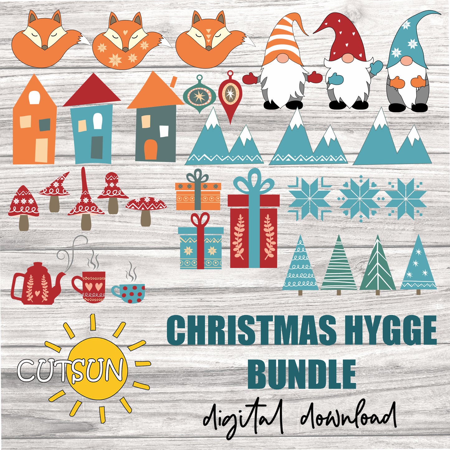 Nordic gnomes, foxes, houses, mountains, mushrooms, presents, snowflakes, trees, tea cups and a teapot - digital downloads bundle