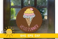 SVG digital download for a round door hanger with an ice cream cone and the words Hello summer