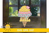 SVG digital download for an ice cream shaped door hanger with the word hello in a groovy retro font