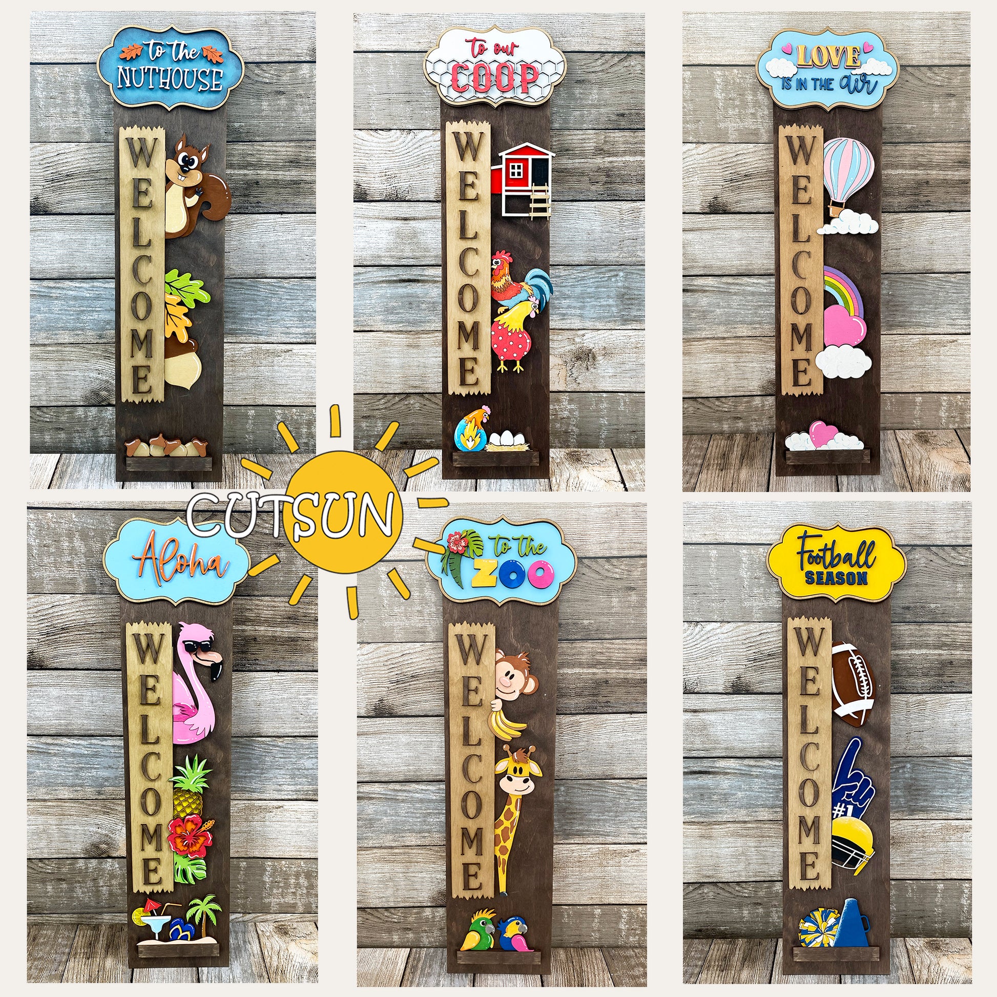 Interchangeable porch leaner SVG bundle with six themed add-ons including Aloha, zoo animals, squirrel, chicken coop, love balloon, and football.