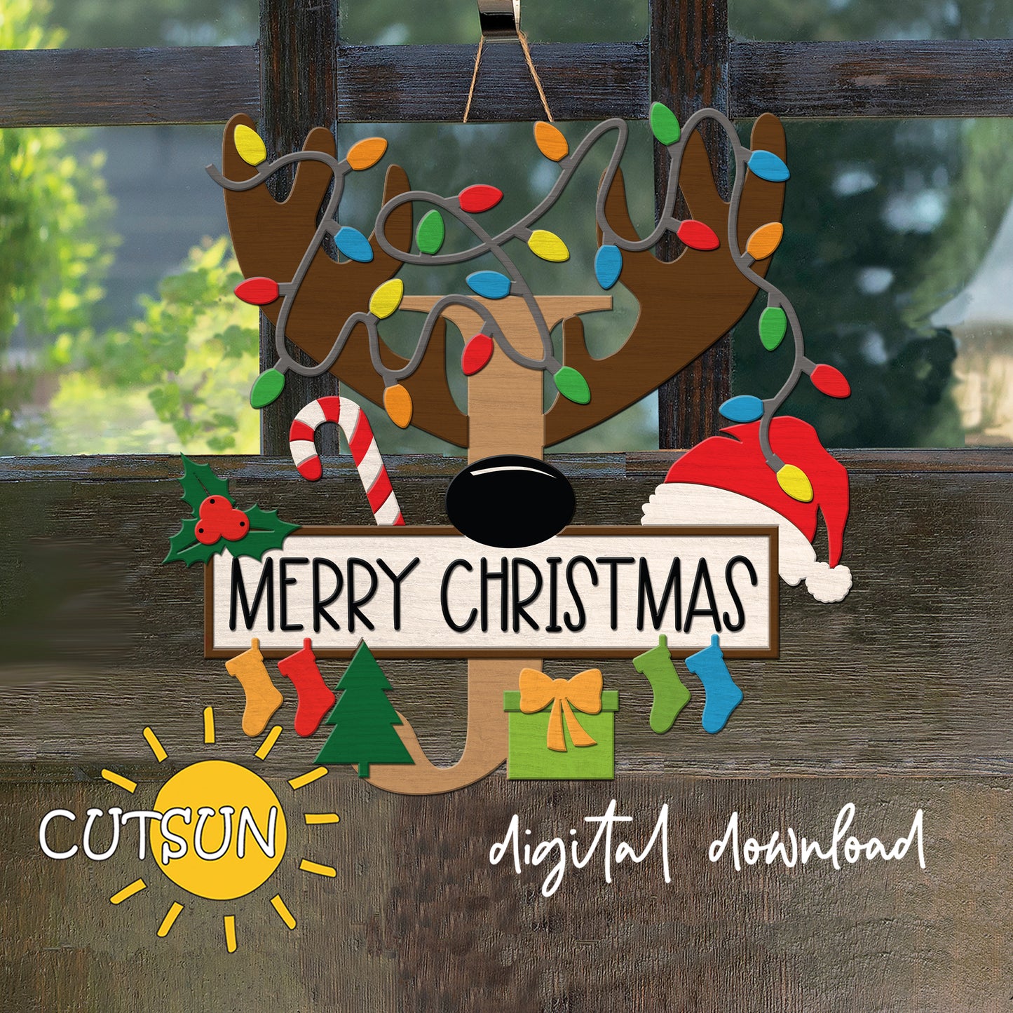 Laser cut Christmas door sign - monogram letter J with antlers, Christmas lights, candy cane, holly berry, a Christmas tree, a present, Santa hat and four stockings.