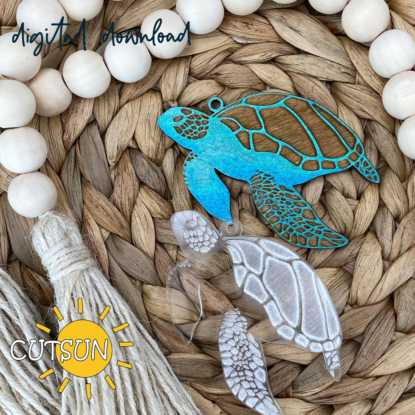 Laser-cut sea turtle keychains in blue wood and engraved clear acrylic, displayed on a woven background with wooden beads and a tassel.