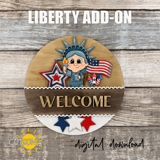 Patriotic Liberty interchangeable round sign add-on with Statue of Liberty, American flag, stars and fireworks layered laser cut design