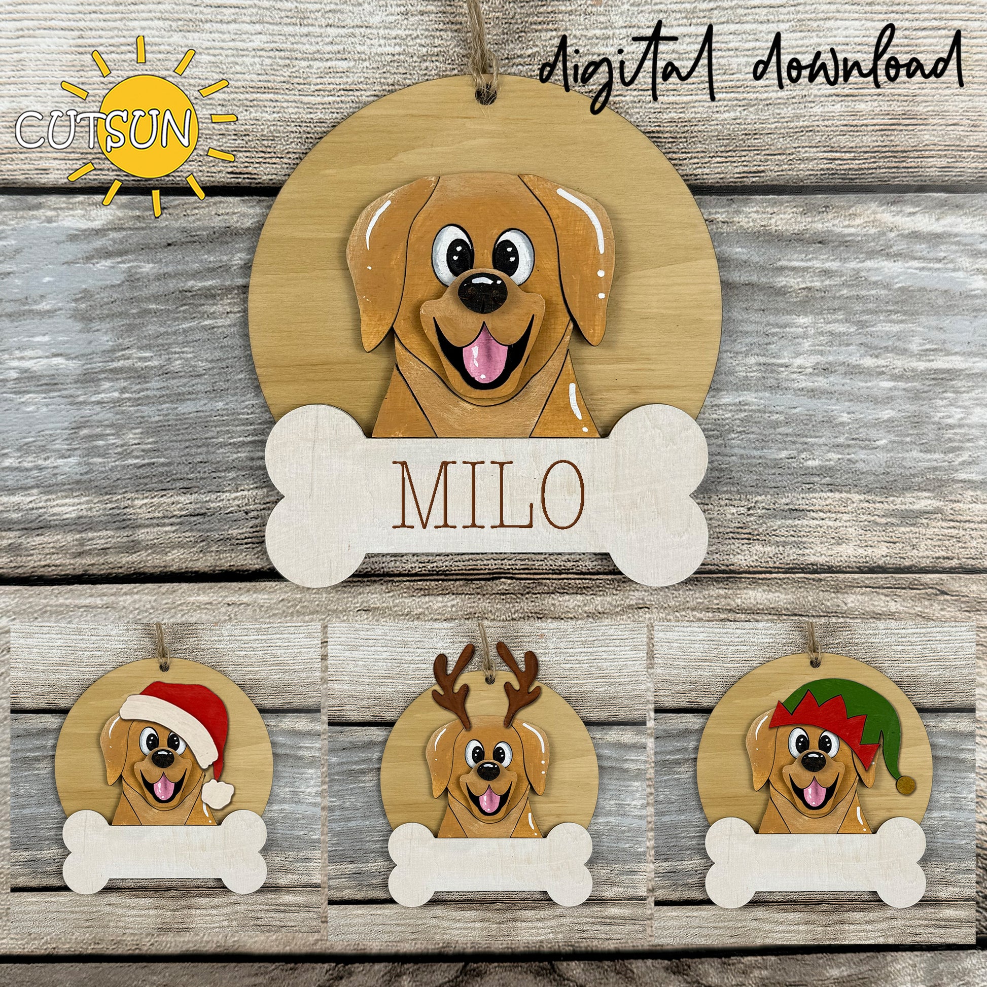 Labrador Retriever Christmas ornament bundle with four layered laser cut dog ornaments and blank bone nameplates ready for a custom pet name.