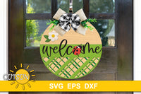 Spring welcome sign with patterned plaid bottom , a daisy and a ladybug SVG digital download