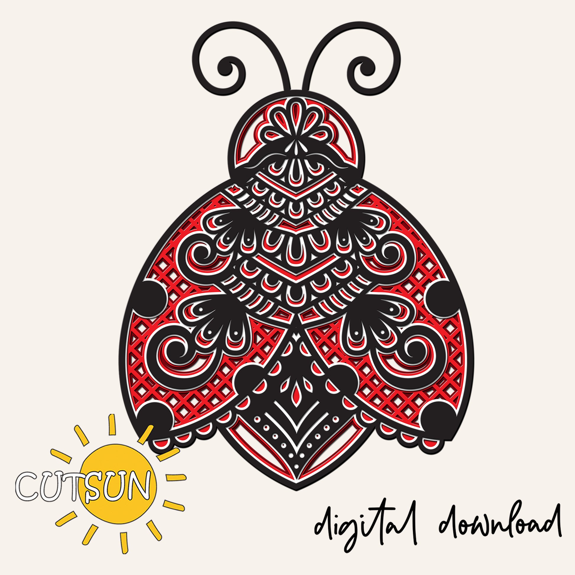 Decorative black and red moth illustration with 'CUTSUN' logo and 'digital download' text on a white background.