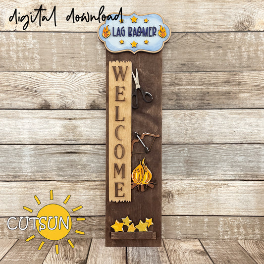 Lag BaOmer vertical welcome sign SVG laser cut file design featuring bonfire, stars, bow and arrow, and a top plaque for porch leaner decor.