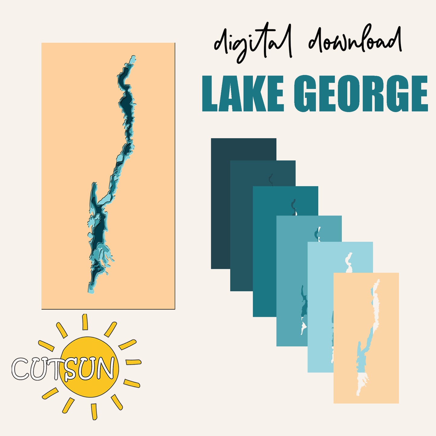 Digital download of Lake George map with blue and beige color scheme.
