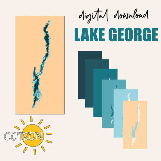 Digital download of Lake George map with blue and beige color scheme.