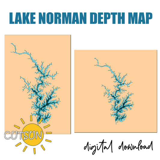Digital download for a laser cut file featuring a depth map of Lake Norman in a rectangle and square shape.